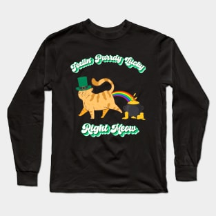 Feelin' Purrdy Lucky Right Meow, Funny Cat Leprechaun Rainbow Pot of Gold Long Sleeve T-Shirt